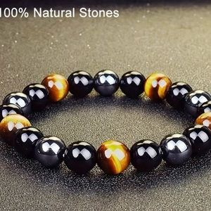 Natural Black Hematite Obsidian Tiger Eye 8 mm Stone  Bracelet